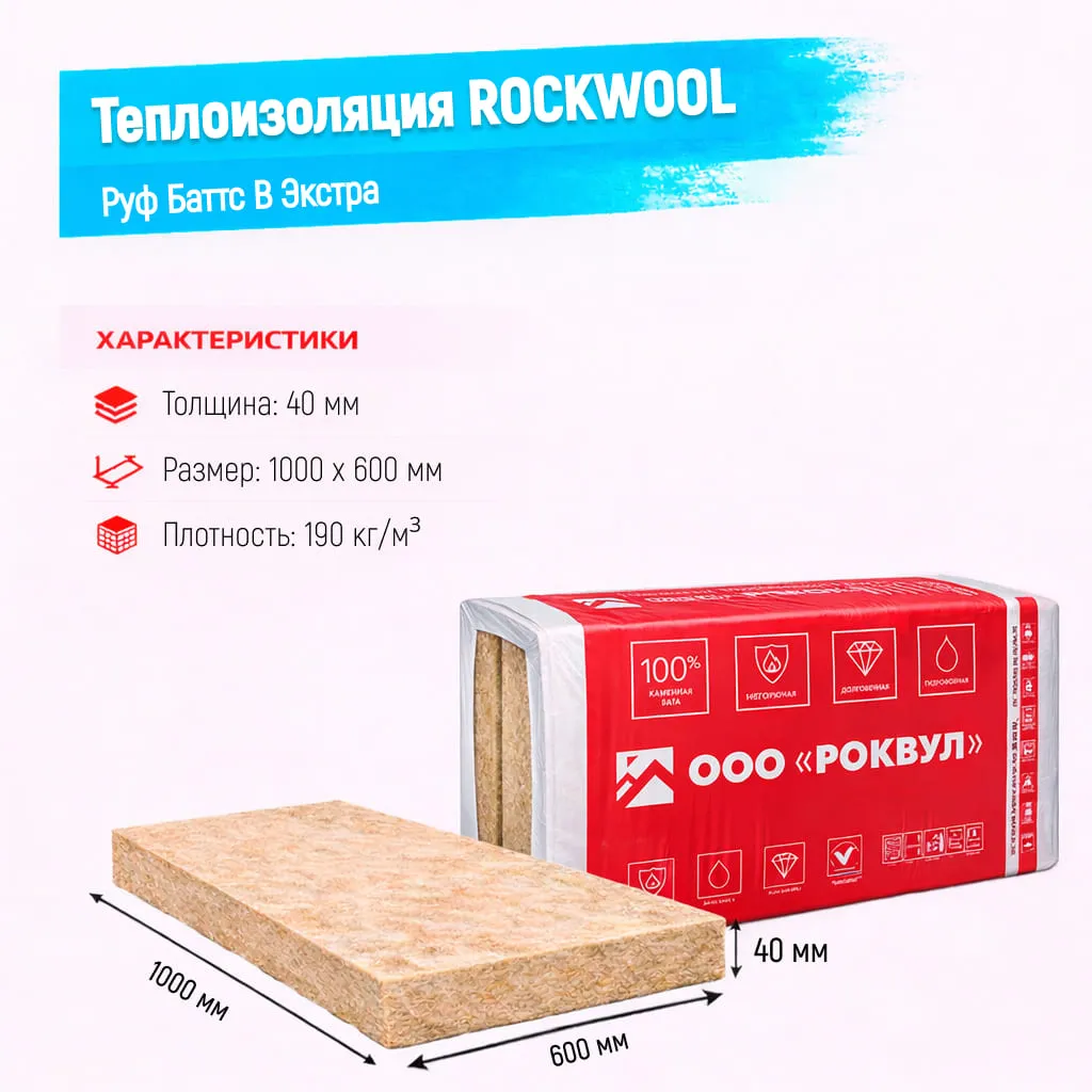 Утеплитель Rockwool Руф Баттс В Экстра базальтовая плита 1000х600х40мм
