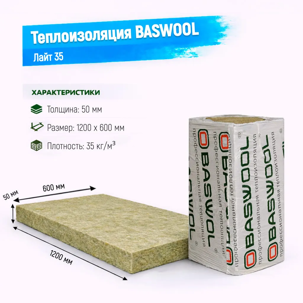 Утеплитель BASWOOL Лайт 35 базальтовая плита 1200х600х50мм