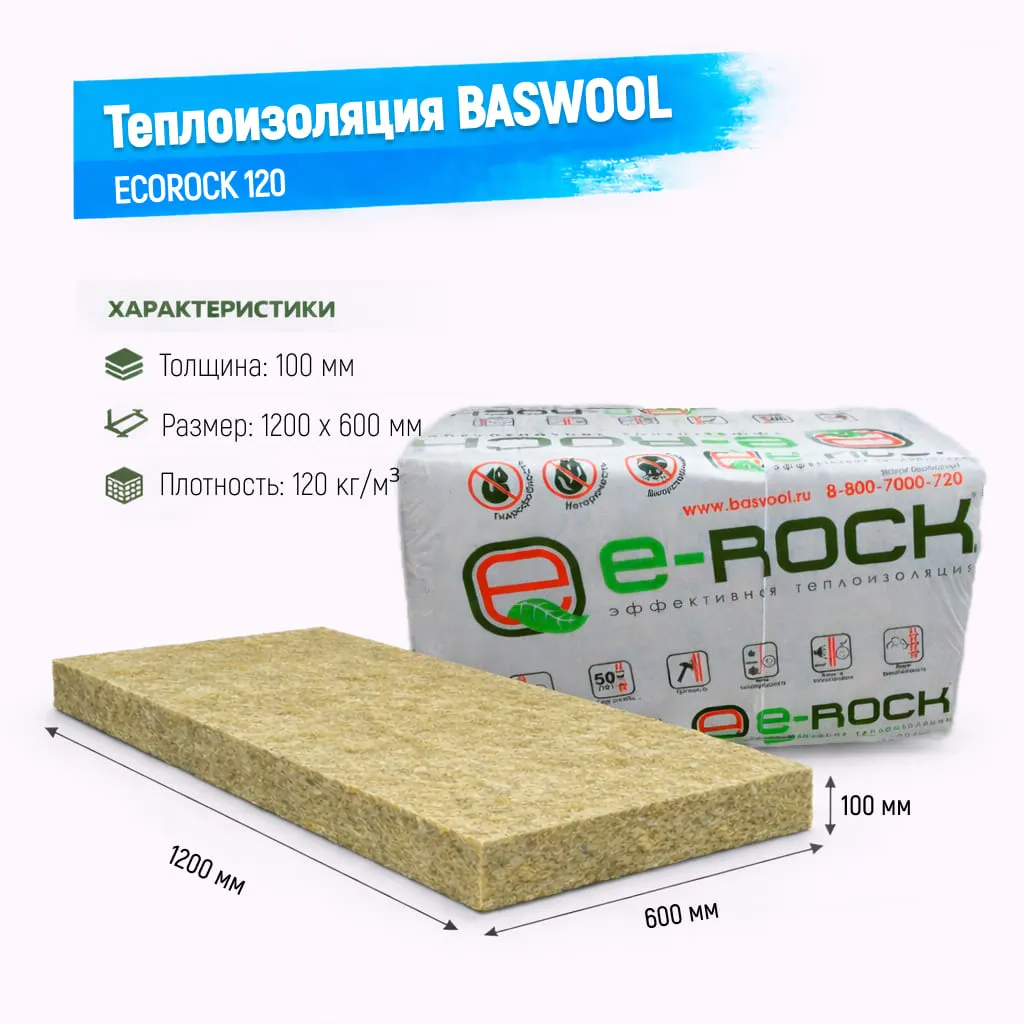 Утеплитель BASWOOL ECOROCK 120 базальтовая плита 1200х600х100мм