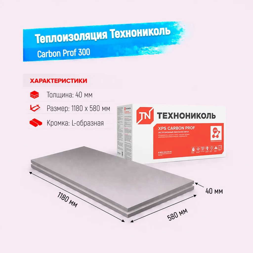 Пенополистирол экструдированный 40мм 580х1180мм ТН XPS Carbon Prof 300