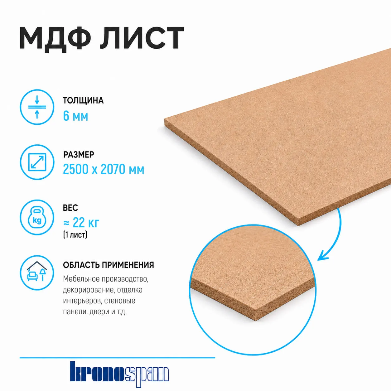 Плита МДФ Kronospan шлифованная 6мм 2500х2070 мм 1 сорт