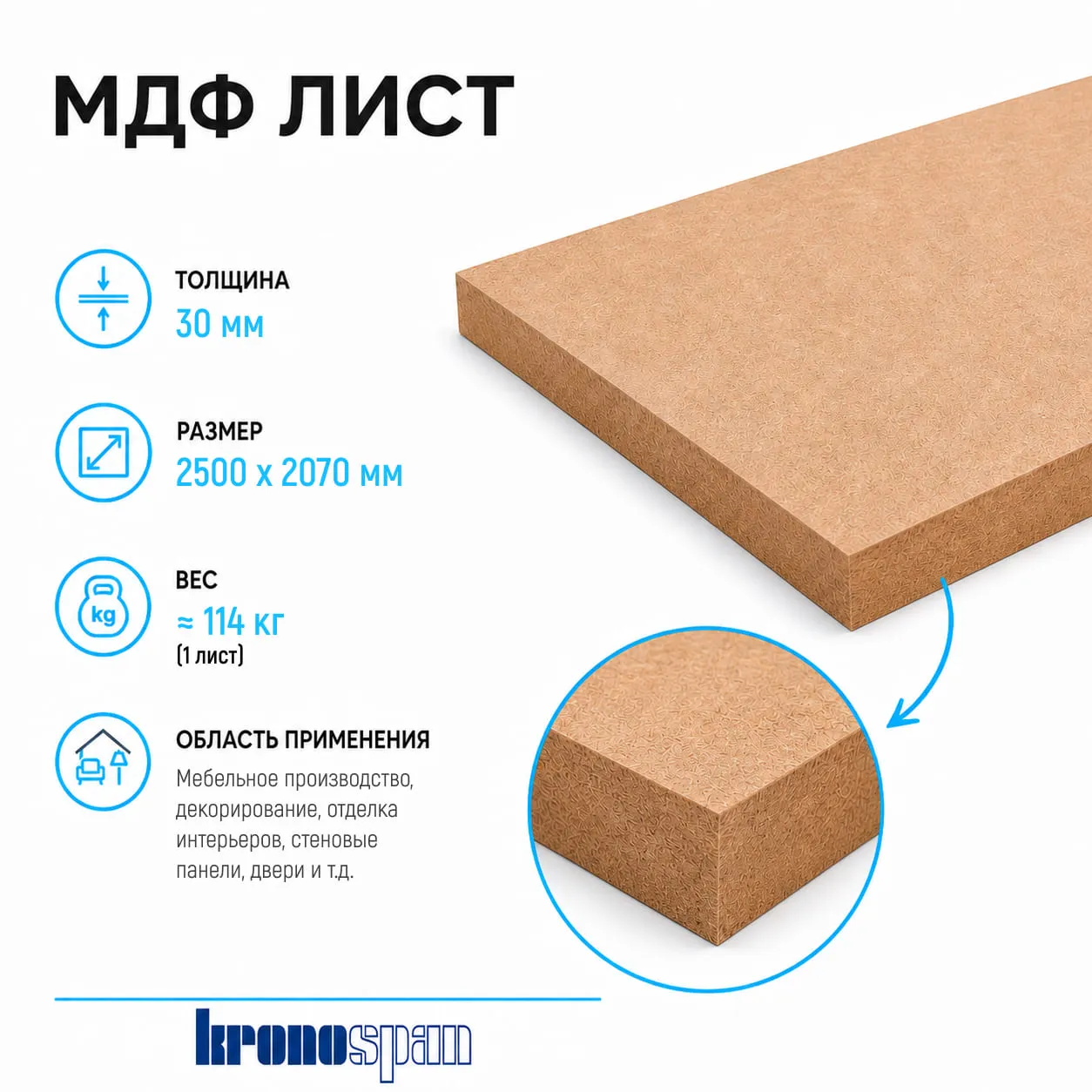 Плита МДФ Kronospan шлифованная 30мм 2500х2070 мм 1 сорт Kronospan