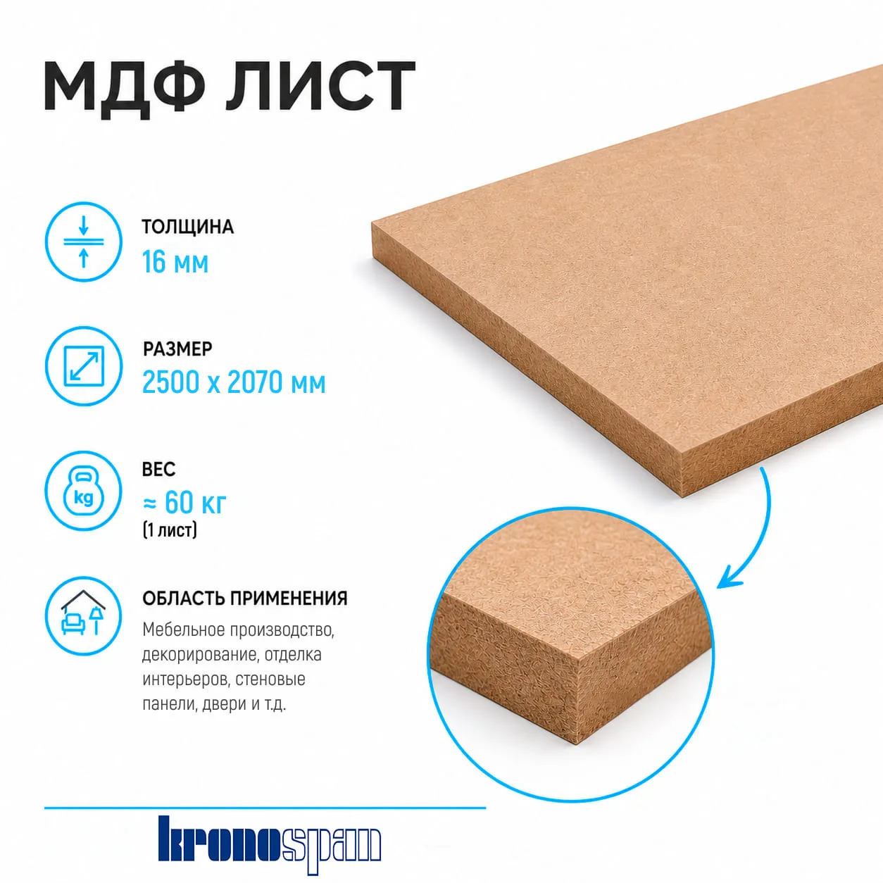 Плита МДФ Kronospan шлифованная 16мм 2500х2070 мм 1 сорт Kronospan