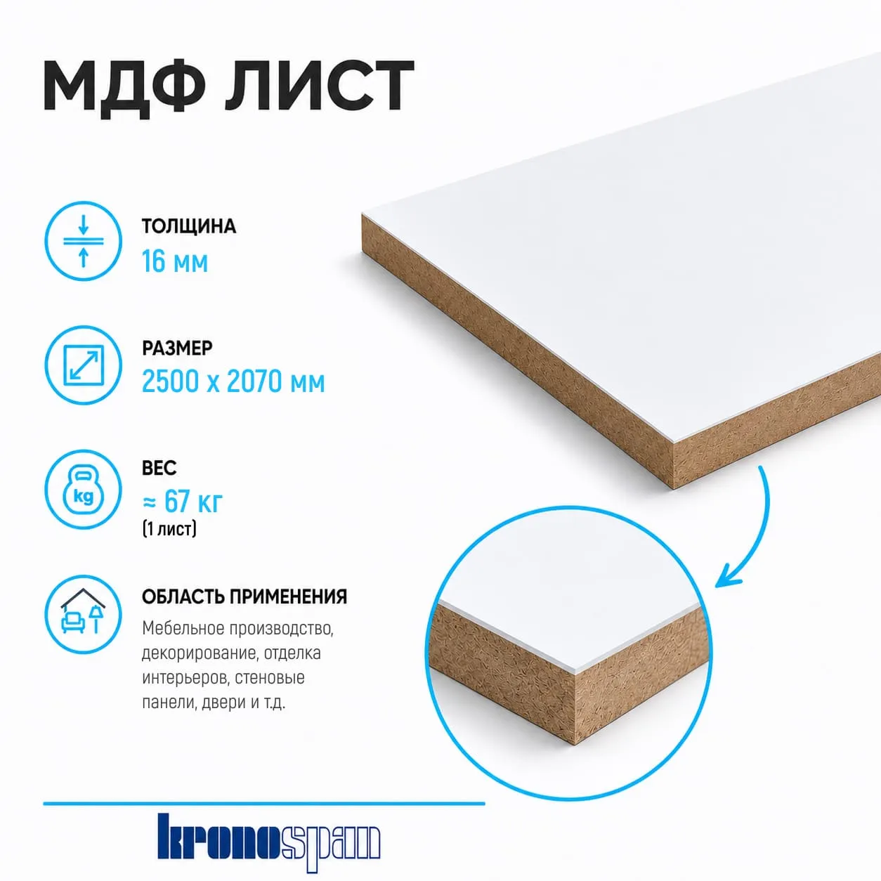 Плита МДФ Kronospan ламинированная 16мм 2500х2070 мм двусторонняя 1 сорт Kronospan