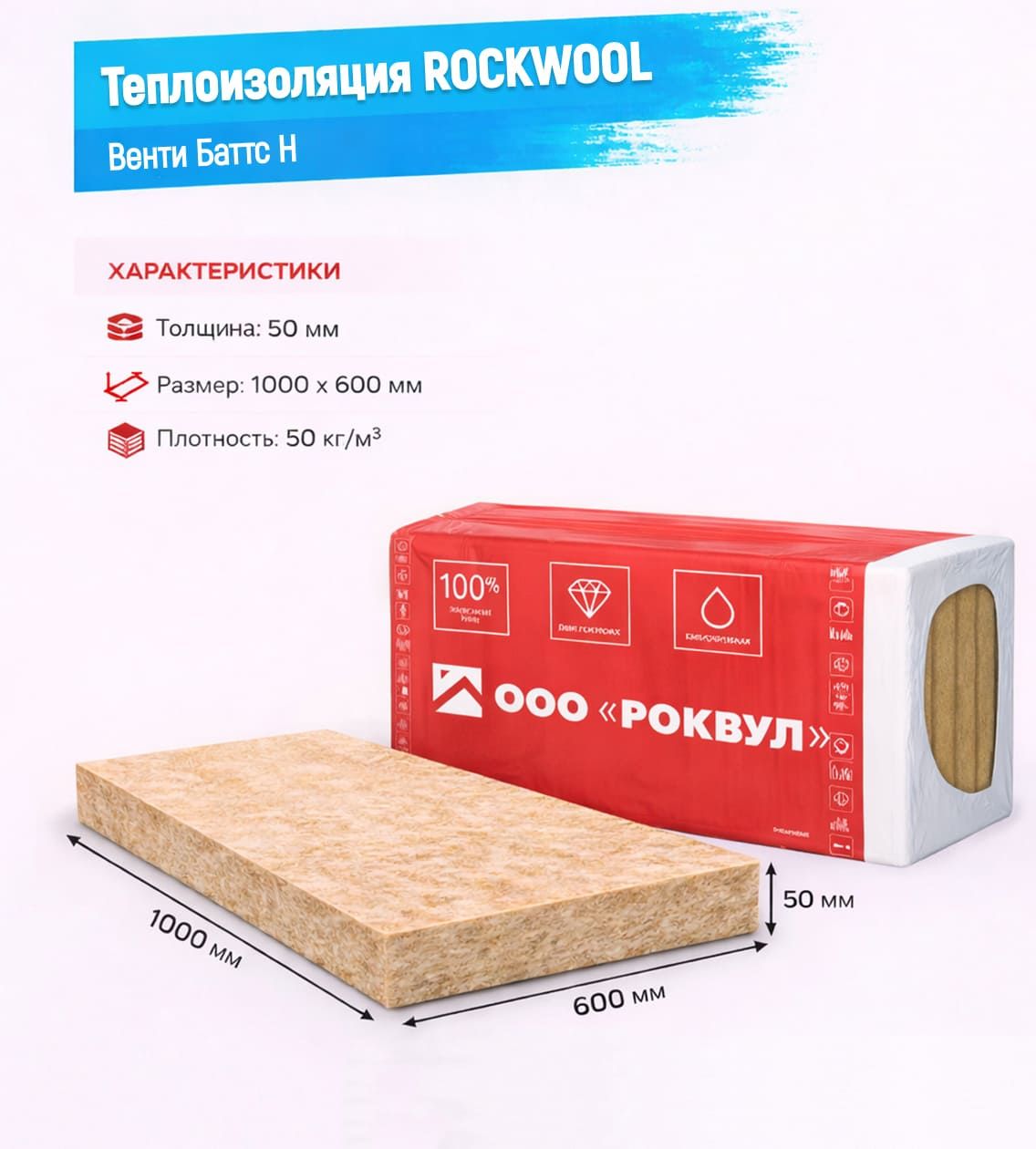 Утеплитель Rockwool Венти Баттс Н базальтовая плита 1000х600х50мм