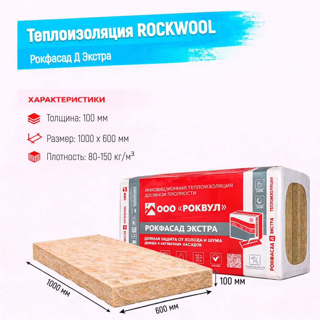 Утеплитель Rockwool Рокфасад Д Экстра базальтовая плита 1000х600х100мм