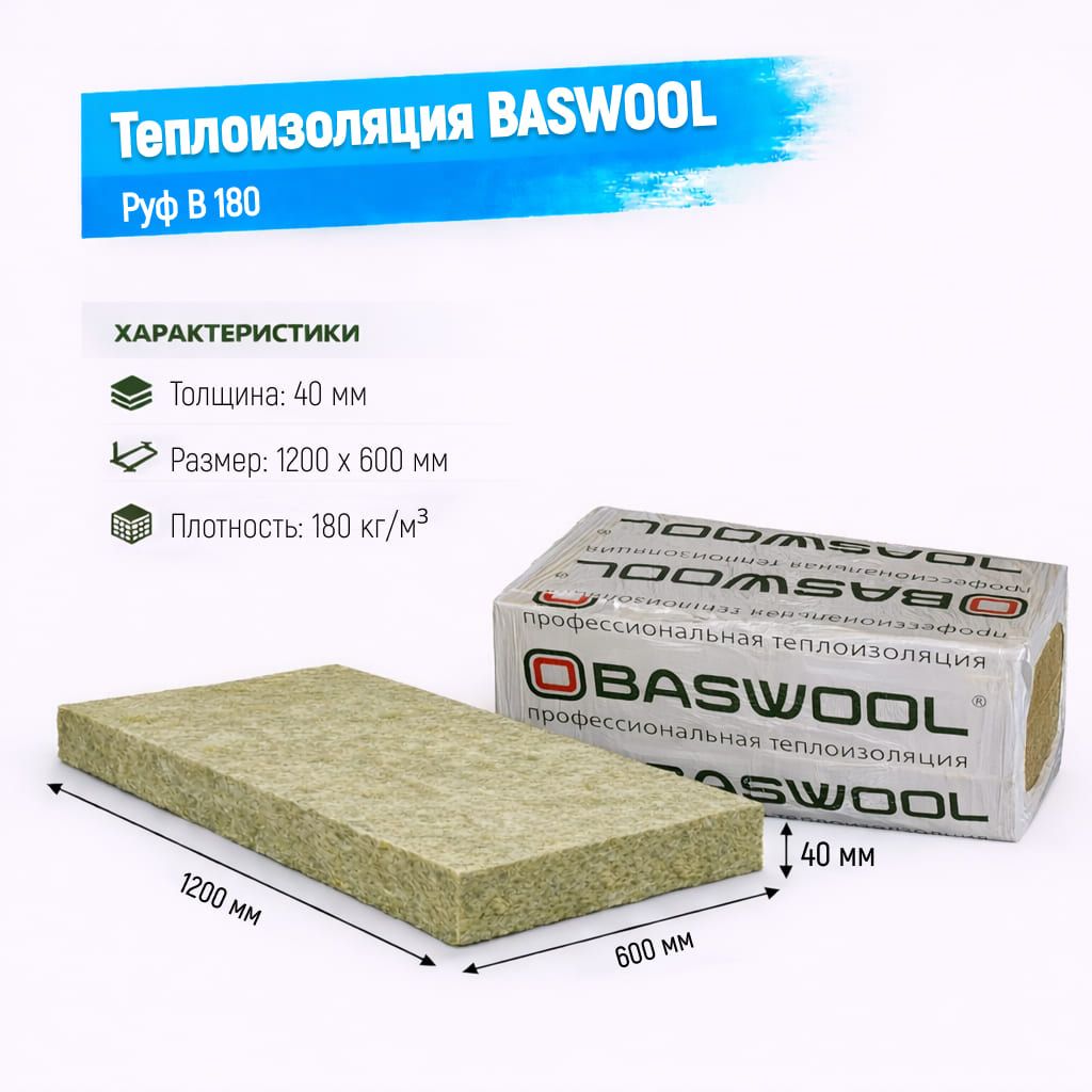 Утеплитель BASWOOL Руф В 180 базальтовая плита 1200х600х40мм